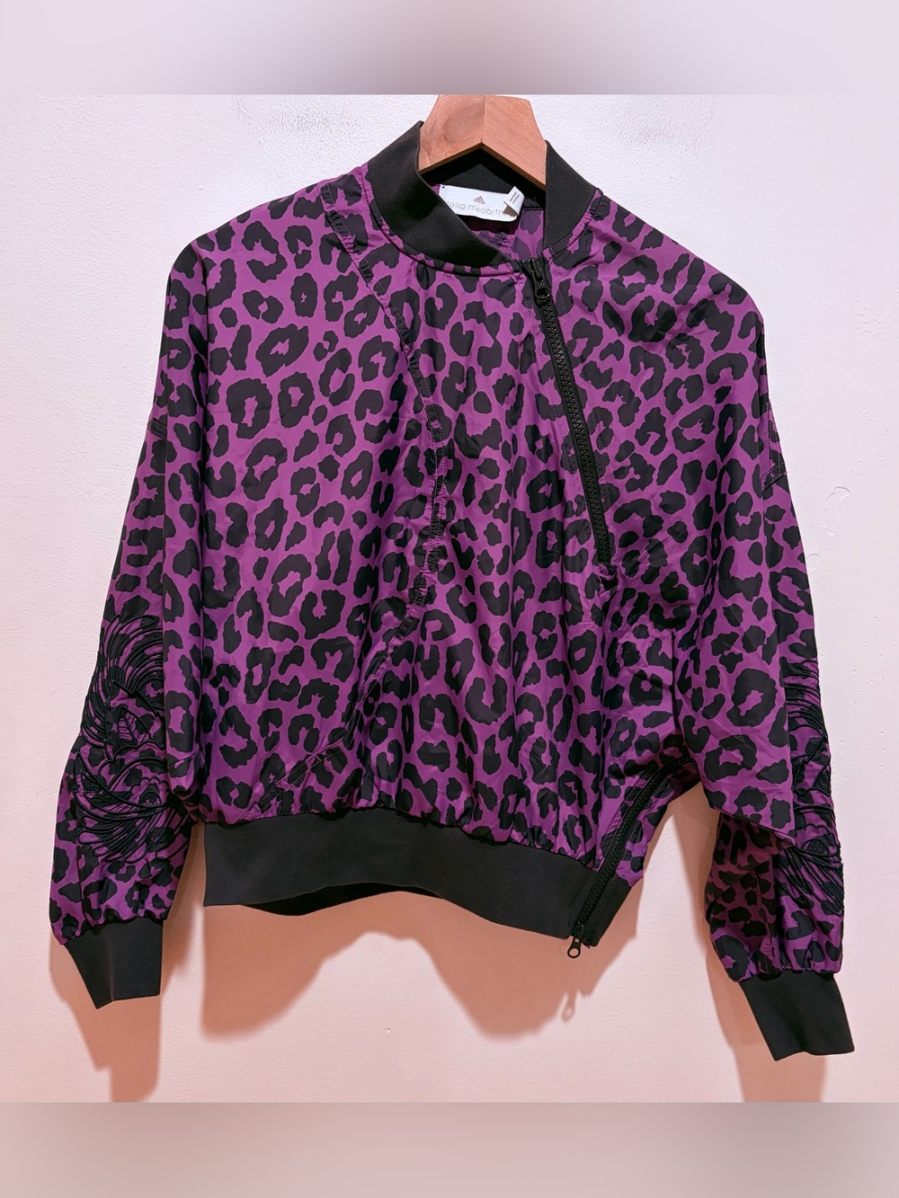Adidas Stella McCartney Asymmetric Purple Animal Print Cropped Bomber Jacket XS